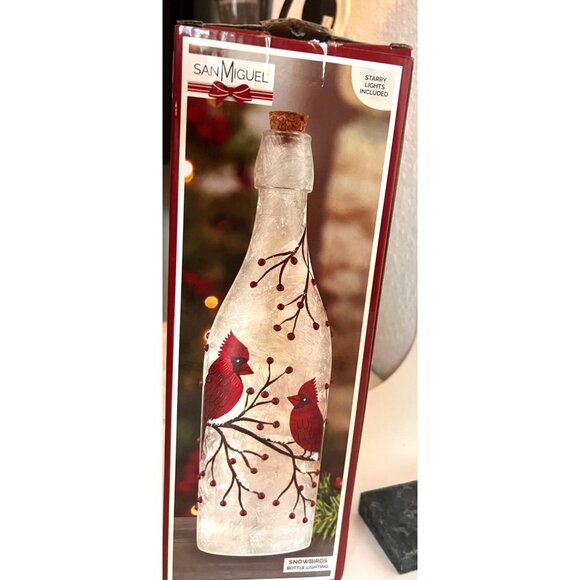 Hand Painted Bottle LED Starry Lights Winter Cardinal Scene Red Bird Christmas - Picture 8 of 9